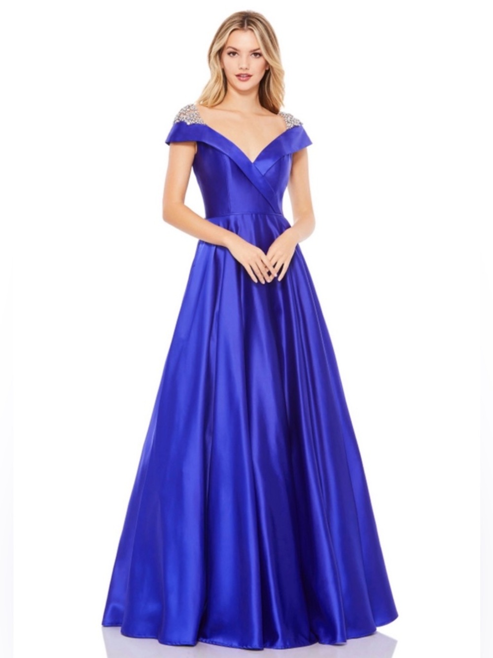 Mac Duggal Off Shoulder Satin Maxi Dress